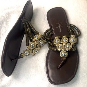 Brown Jessica Simpson Metallic Beads Sandals